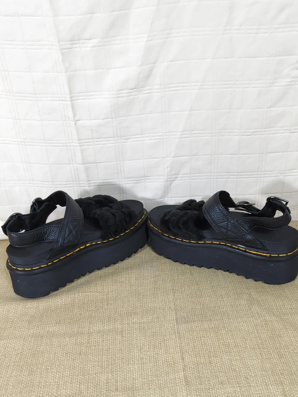 Dr. Martens Voss Quad Black Fluffy Chunky Platform Sandals Silvertone Hardware